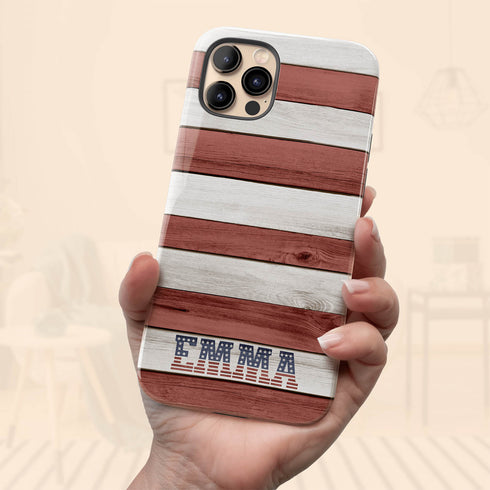 Wooden American Flag Custom Name iPhone Case